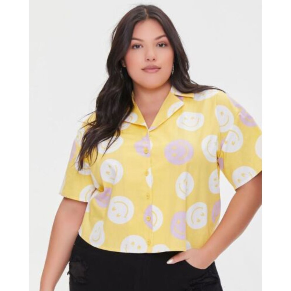 Happy Smiley Face print button down shirt blouse top women's PLUS SIZE 3X yellow